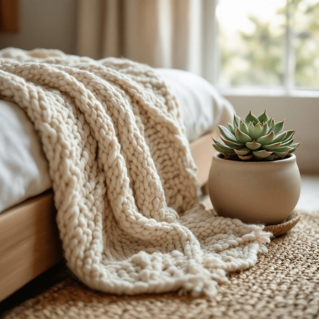 Close-up of a chunky knit throw draped over a platform bed, showcasing natural wood grain and woven jute rug fibers, accompanied by a ceramic plant pot with a succulent, all in warm cream and beige tones under soft afternoon light, emphasizing tactile textures and an intimate mood.
