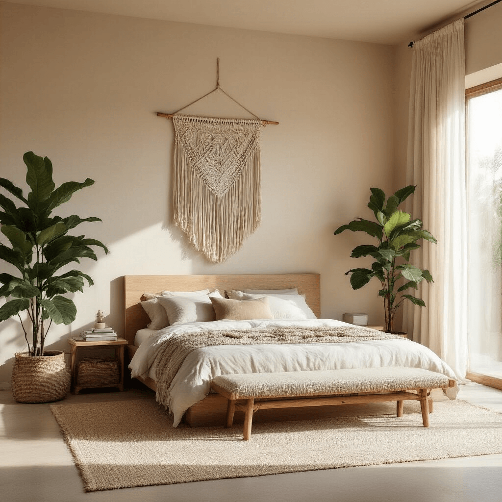 A spacious minimalist boho bedroom featuring a platform bed with a macrame statement piece above the headboard, a large fiddle leaf fig plant, and a simple storage bench, illuminated by soft morning light through linen curtains, against warm neutral walls and abundant negative space.