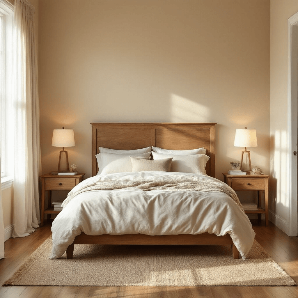 A serene interior bedroom with a diagonally positioned bed featuring a solid wooden headboard, natural morning light filtering through sheer curtains, warm beige walls, matching nightstands with lamps, and a harmonious layout. The room has cream-toned linen bedding, hardwood floors, and a natural fiber rug, creating a peaceful atmosphere viewable from the doorway.