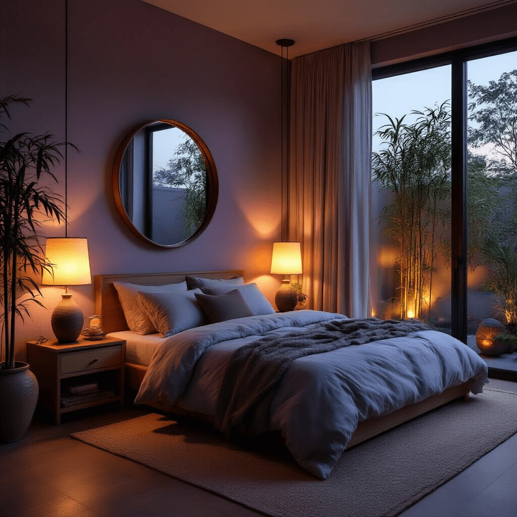 A serene feng shui bedroom at dusk, featuring muted lavender walls, soft warm lighting from bedside lamps, and a mirror reflecting a garden view. Natural elements like a bamboo plant and stone accents enhance the intimate atmosphere, with linen curtains and no overhead lighting creating a peaceful nighttime setting.