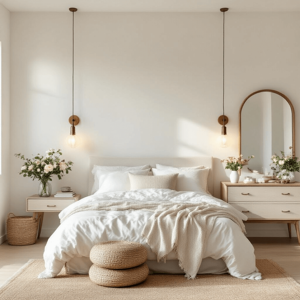 A small studio bedroom designed with feng shui principles, featuring a centered bed flanked by vertical wall-mounted nightstands, light warm white walls, a strategically placed mirror enhancing space, minimal decor, fresh flowers on a dresser, natural fiber textures, and abundant daylight, shown from a high angle to highlight the efficient layout and harmonious living atmosphere.
