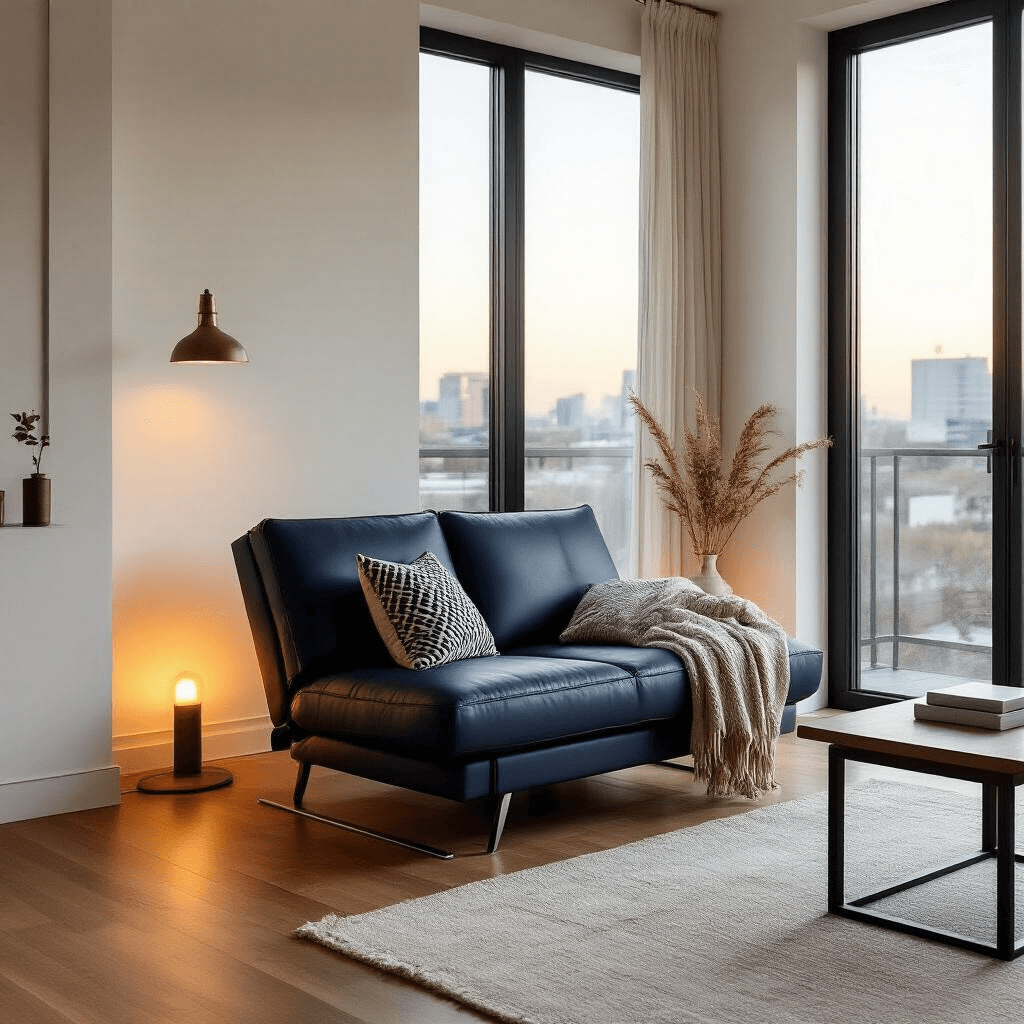 Interior of a modern studio apartment at golden hour, featuring a navy convertible sleeper chair in lounge position with throws and pillows, warm wood floors, minimalist coffee table, and large windows casting cozy ambient light.