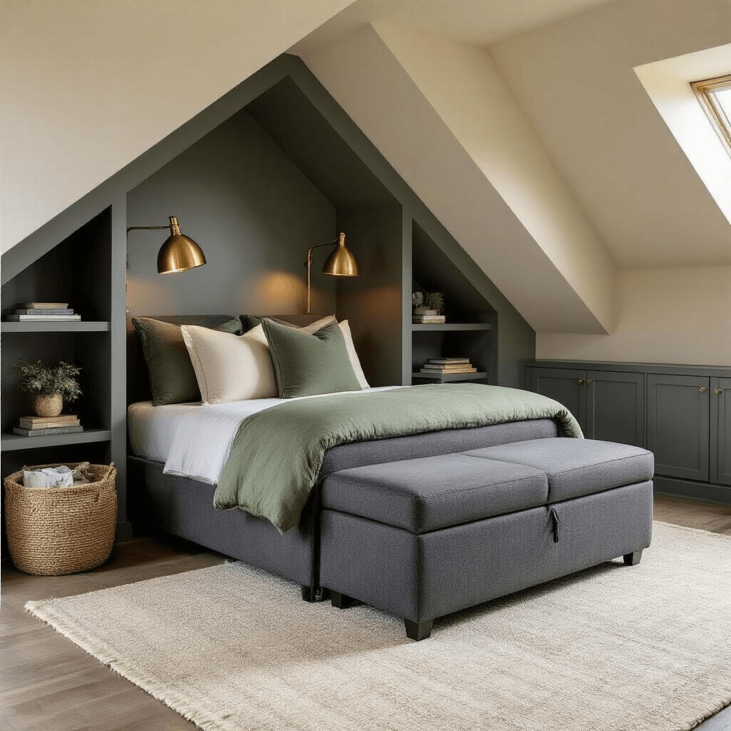 Cozy guest bedroom with vaulted ceilings, featuring a charcoal gray sleeper chair in ottoman configuration, cream area rug, sage green accent pillows, and a brass floor lamp, illuminated by natural afternoon light.