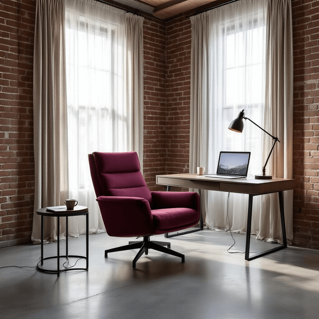 A contemporary home office featuring a burgundy memory foam sleeper chair and modern desk, illuminated by morning light filtering through sheer curtains. An exposed brick accent wall and polished concrete floors enhance the rich textures, while USB charging cables and a coffee cup add practical elements to the scene. The camera angle emphasizes the chair's comfort amidst a color scheme of deep burgundy, warm whites, and natural brick tones.