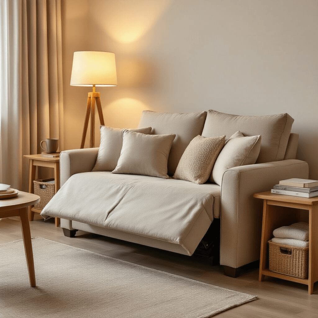 Cozy small apartment living room with evening ambiance, featuring a partially reclined beige 3-in-1 sleeper chair, organized linens in an open storage compartment, neutral throw pillows, and a wooden side table with books, all illuminated by soft, glowing table lamps in a warm color palette.