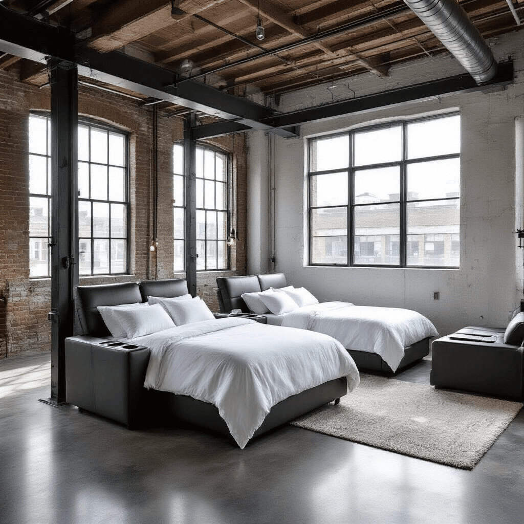 A modern loft interior featuring a wide sleeper chair in full bed configuration with crisp white bedding, surrounded by industrial elements like exposed metal beams and polished concrete floors, bathed in bright midday lighting. Large windows offer natural light, while built-in cup holders and charging ports are visible. The space highlights clean lines and textures of smooth leather and brushed metal, set in a monochromatic palette of whites, grays, and black metal accents.