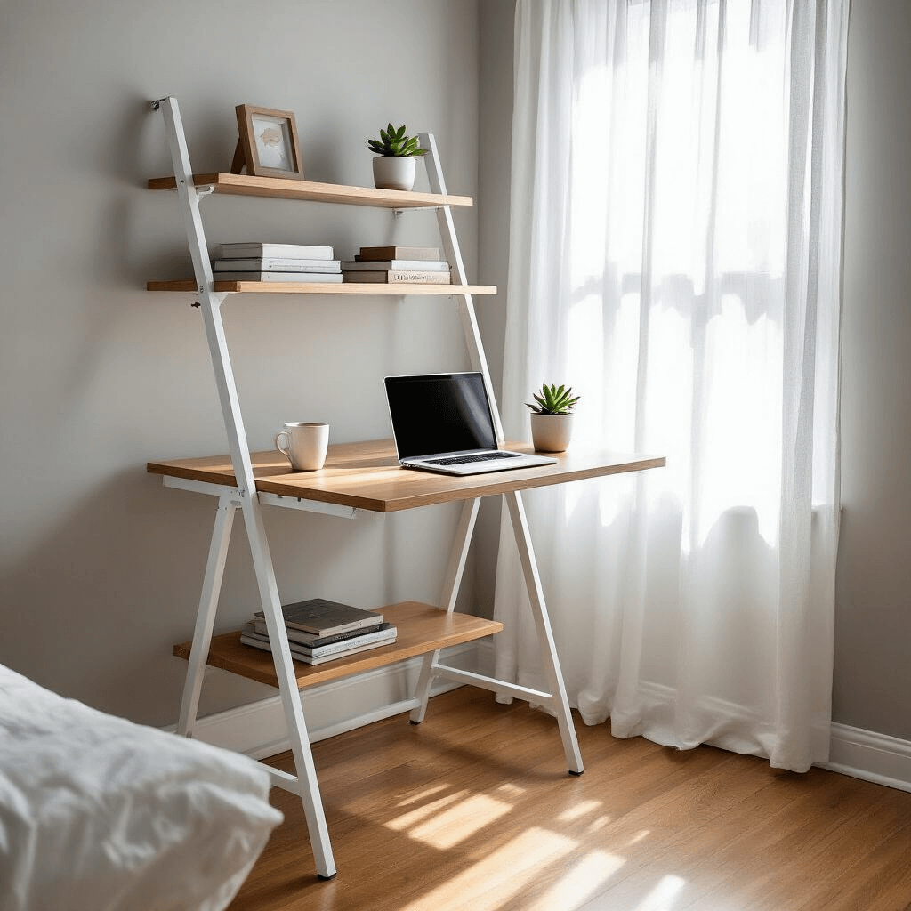 Professional product photograph of a modern ladder desk setup in a small apartment bedroom, featuring a sleek white metal-framed Nathan James Theo desk, open laptop, coffee cup, small succulent, organized books, and a clean minimalist aesthetic illuminated by natural morning light.