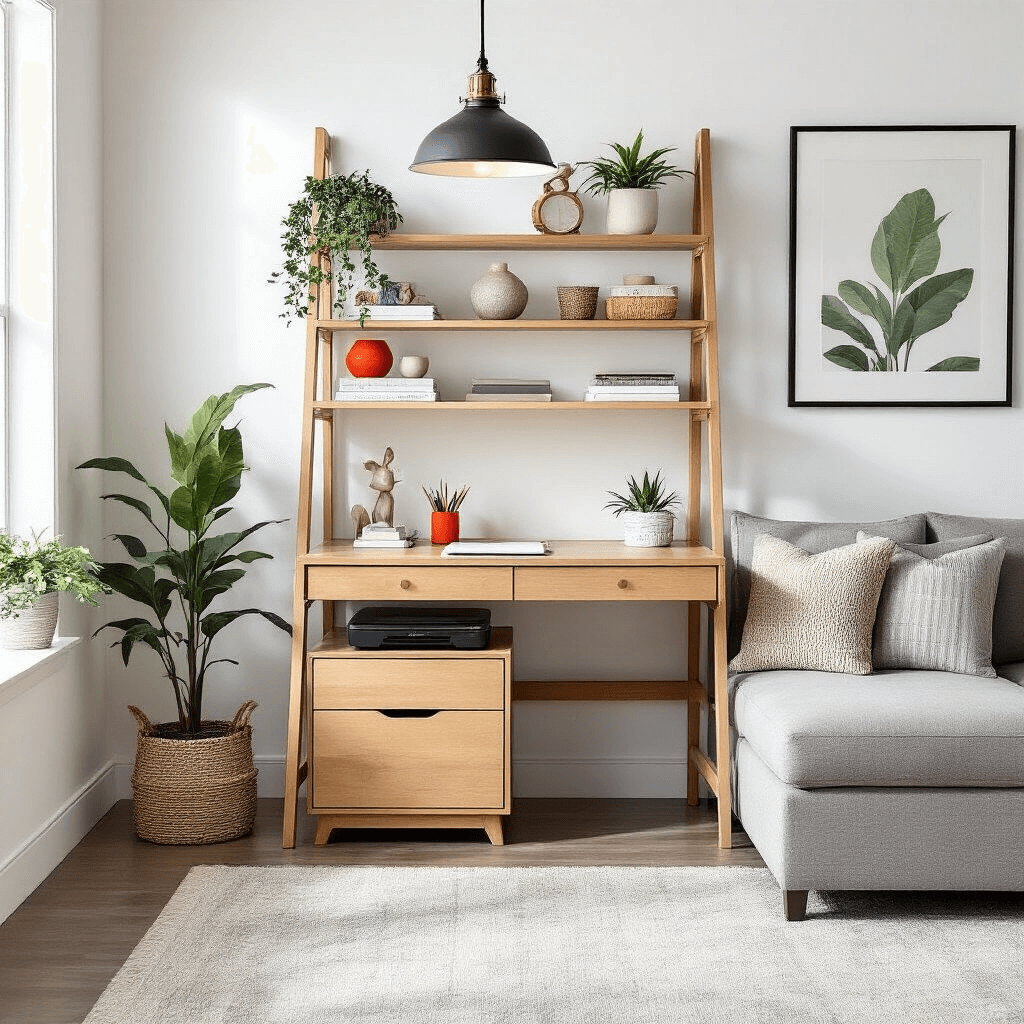 Contemporary living room corner featuring a two-tone maple finish ladder desk with organized workspace, pull-out drawer, and decorative objects, alongside a modern sectional sofa, plants, artwork, and colorful desk accessories in a bright, fresh atmosphere.
