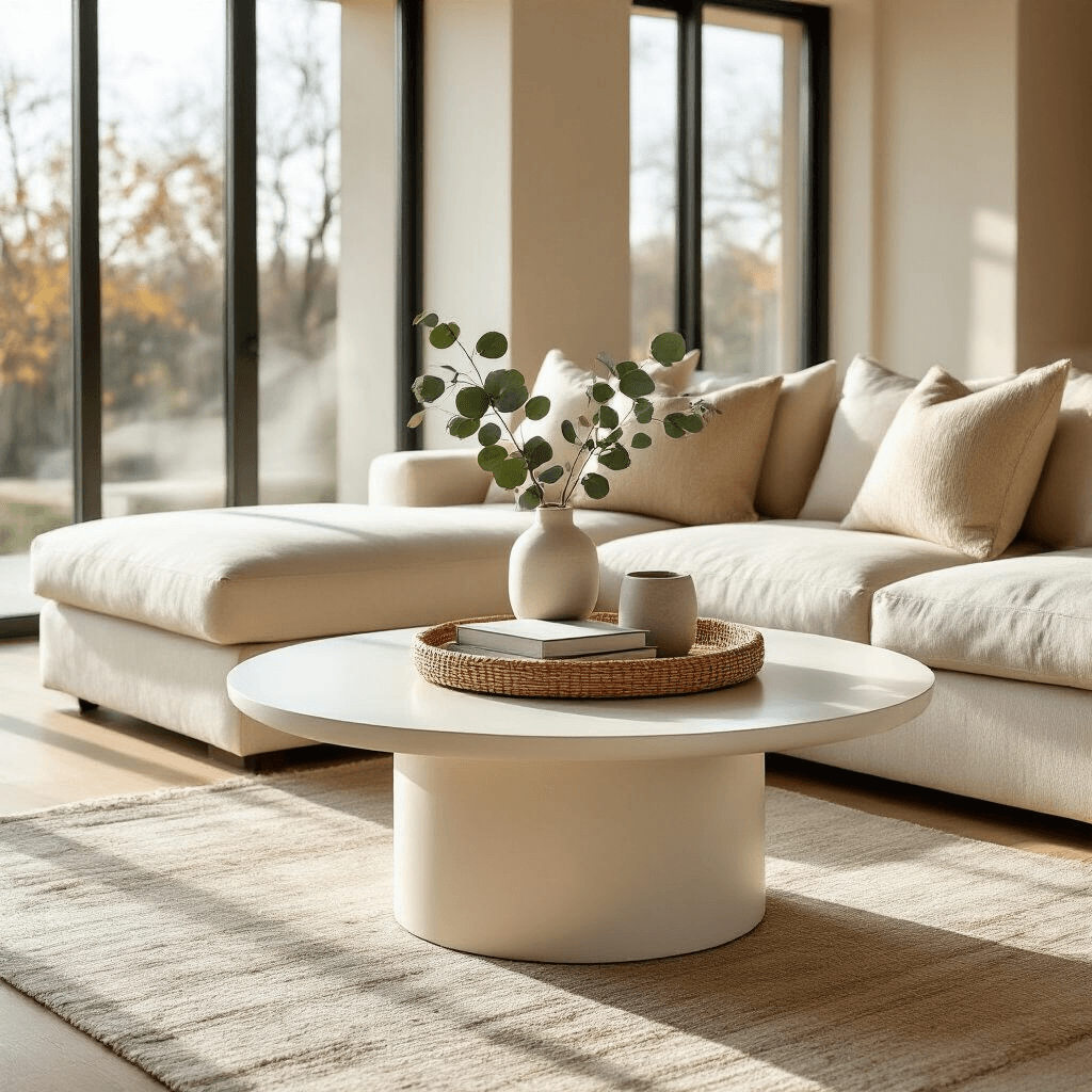 A modern living room with a sleek matte white fiberglass coffee table centered between a cream linen sectional sofa and floor-to-ceiling windows. Golden hour sunlight casts warm shadows over light oak hardwood floors, highlighting a natural rattan tray with stacked neutral-toned coffee table books, a white ceramic vase with eucalyptus, and a matte concrete candle holder. Soft woven throw pillows add texture, creating a serene and sophisticated atmosphere.