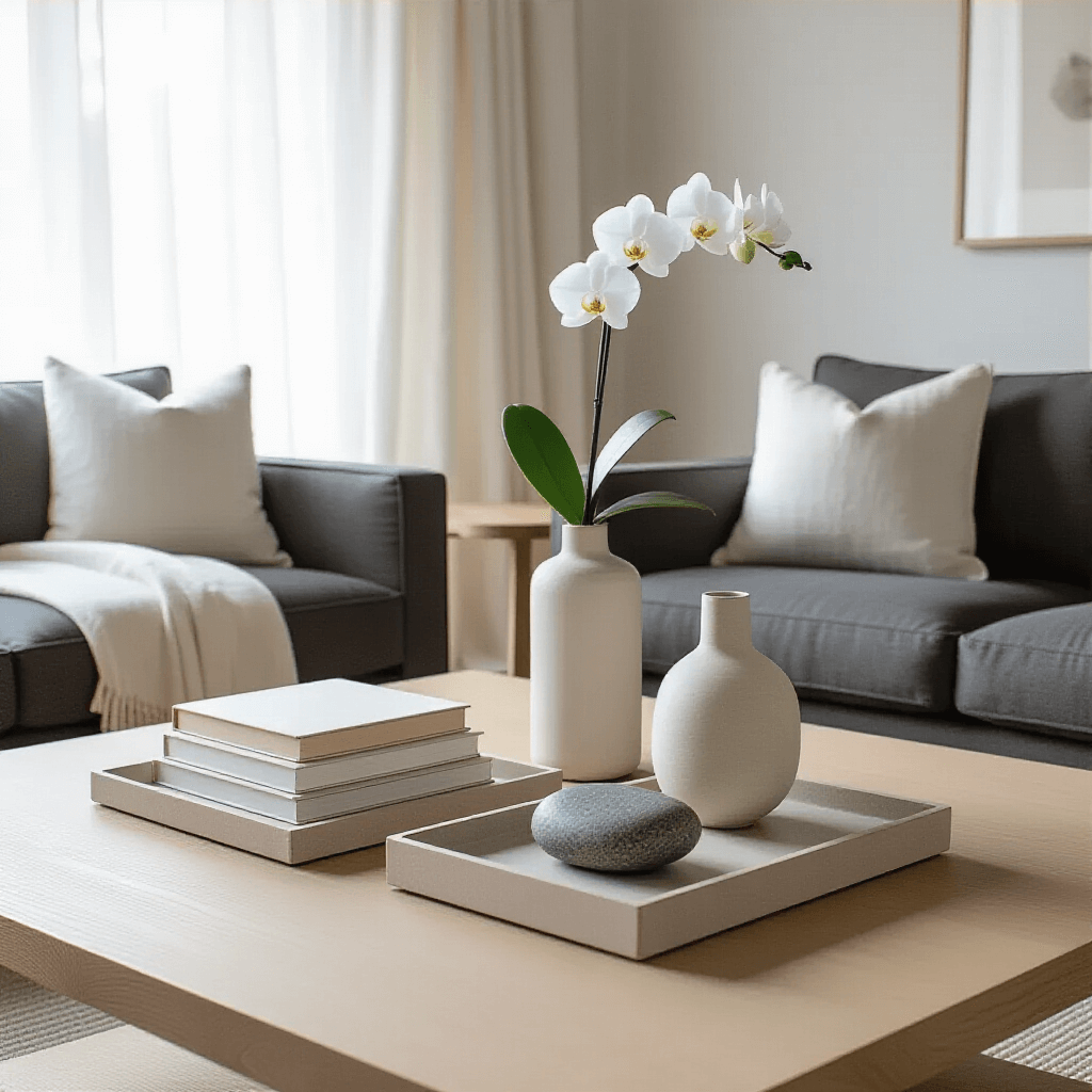 Wide-angle view of a Scandinavian-inspired living room featuring a light oak coffee table with a minimalist decor of books, a stone sculpture, and a single orchid in a white vase, surrounded by a charcoal gray sofa with cream throws, bathed in soft morning light.