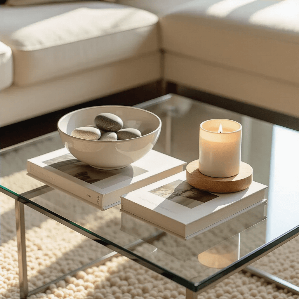 Close-up of a glass coffee table in a small apartment, featuring a white ceramic bowl with smooth stones, two matte photography books, and a battery-operated candle in a natural wood holder, all bathed in soft afternoon sunlight with a beige rug and cream sectional visible in the background.