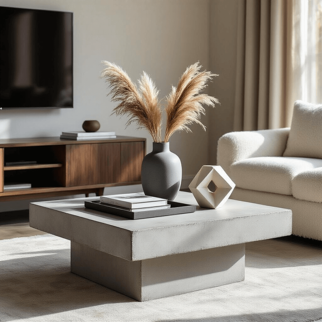 Professional interior photograph of a contemporary living room with a square concrete coffee table featuring dramatic shadows, surrounded by a dark walnut media console and cream bouclé armchairs, styled with dried pampas grass, a coffee table book, and a geometric sculpture, emphasizing sophisticated proportions and inviting atmosphere.