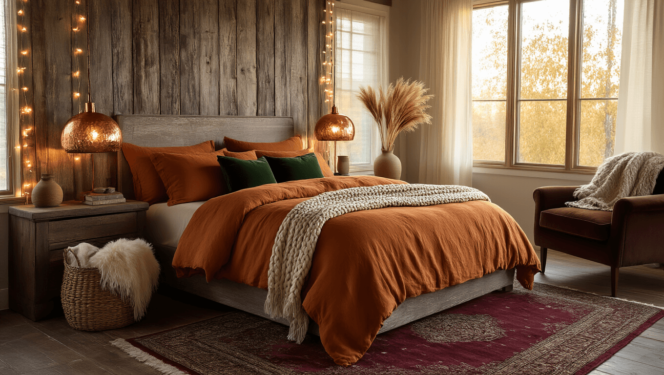 Cozy master bedroom bathed in golden hour light, featuring a king-size bed with burnt orange duvet, forest green velvet pillows, and a chocolate brown armchair, complemented by hammered copper lamps, a burgundy Persian rug, and warm string lights.
