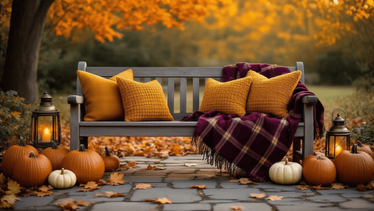 A rustic wooden bench with a burgundy plaid throw and mustard yellow pillows, surrounded by assorted pumpkins and lanterns, set against a backdrop of golden autumn foliage and dappled sunlight.