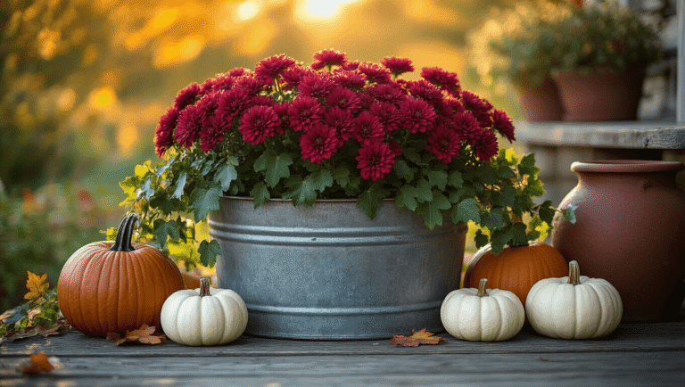 Cinematic autumn planter arrangement featuring burgundy chrysanthemums, mini white pumpkins, and trailing ivy in a rustic galvanized metal tub on a weathered wooden porch, illuminated by warm golden hour light.