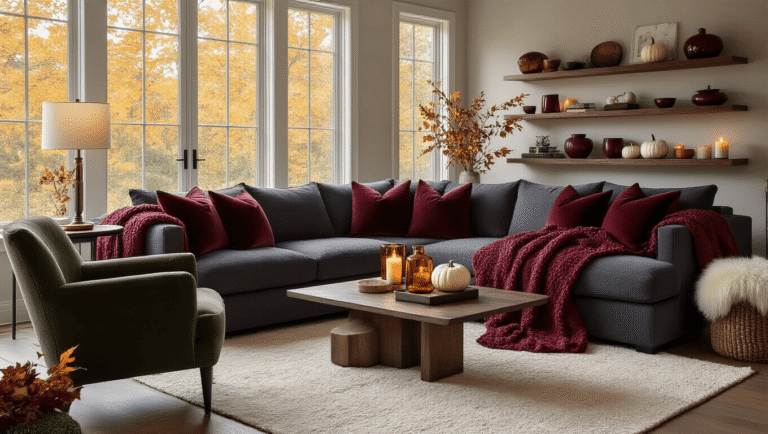 Transform Your Home Into an Autumn Aesthetic Cozy Paradise This Fall A cozy autumn living room featuring a charcoal sectional with rust knit throws and burgundy pillows, a forest green armchair, warm candlelight, white pumpkins, and a cream area rug, all bathed in golden hour lighting.