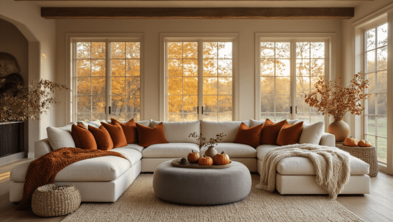 Cinematic wide-angle shot of a cozy autumn living room featuring a cream sectional sofa adorned with rust orange and burgundy pillows, chunky knit throws in oatmeal and mustard yellow, and a faux fur blanket on a mushroom gray ottoman. The warm, golden hour light enhances the honey-toned hardwood floors and soft taupe ceiling beams, while a reclaimed wood coffee table holds scattered pinecones and small pumpkins beside a dried eucalyptus arrangement in a ceramic vase. Bokeh string lights create an inviting atmosphere.
