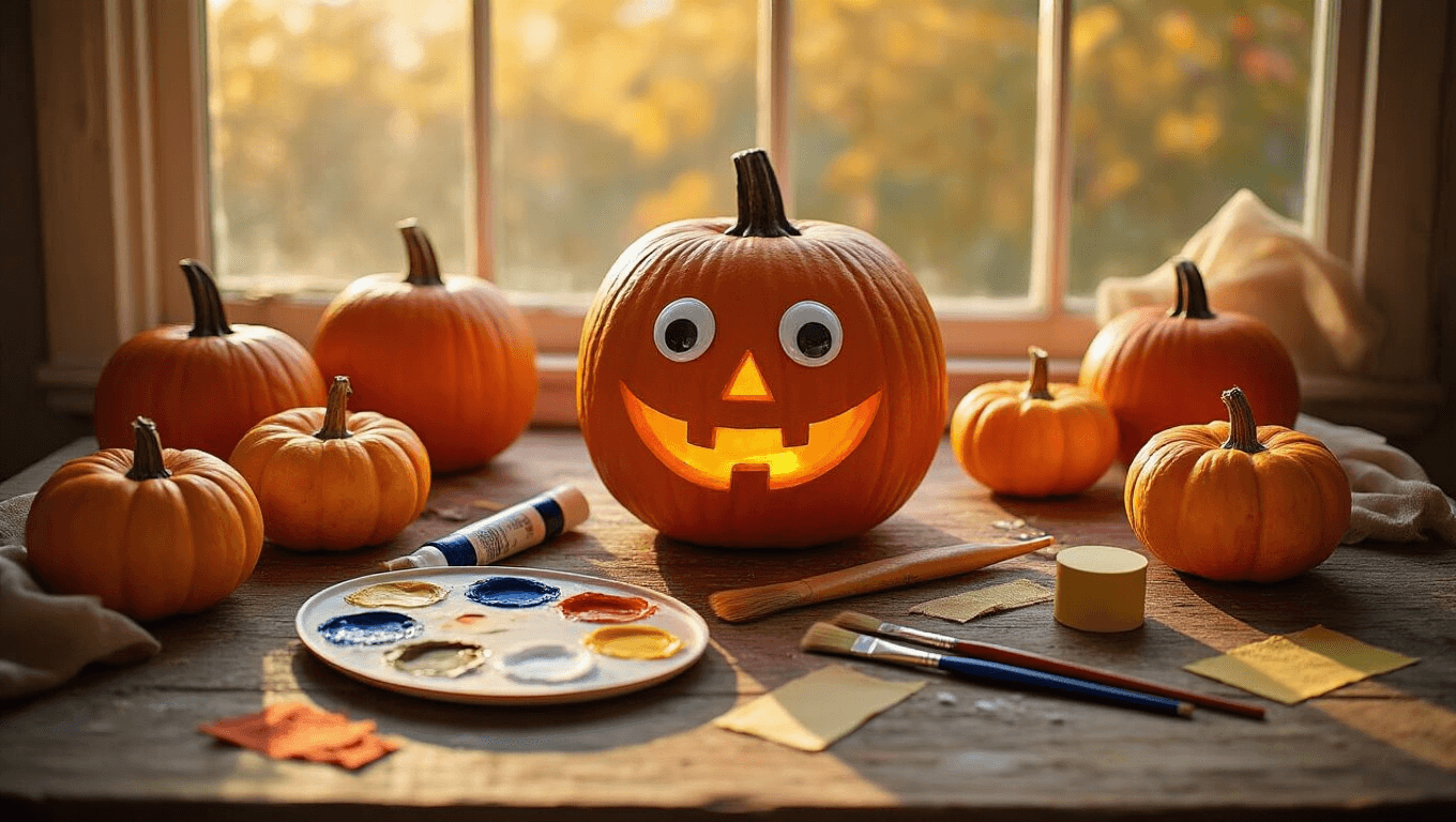 Cinematic overhead view of a cozy autumn craft station featuring decorated orange pumpkins, acrylic paint tubes, brushes, googly eyes, and fabric scraps on a rustic wooden table, bathed in warm golden hour sunlight.