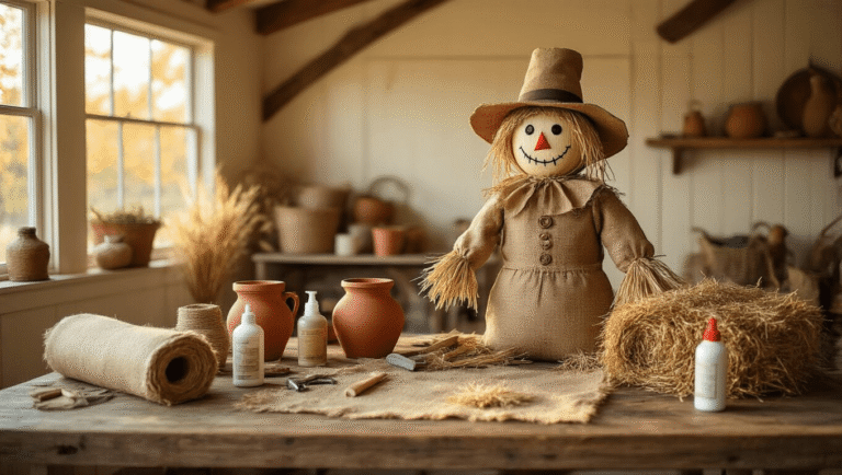 A cozy autumn craft room with a rustic wooden table cluttered with burlap fabric, terracotta pots, and crafting tools, illuminated by golden hour light, showcasing an inviting and creative atmosphere.