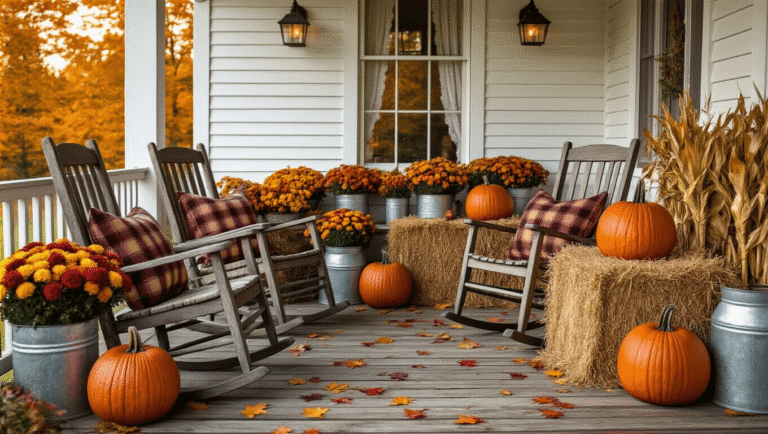 Cinematic wide shot of a cozy farmhouse porch at golden hour, adorned with pumpkins, hay bales, and autumn mums, featuring rocking chairs, corn stalks, and colorful maple leaves, all bathed in warm amber light.