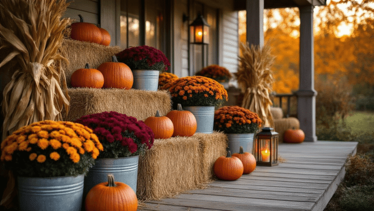 Cinematic golden hour view of a rustic farmhouse porch adorned with pumpkins, chrysanthemums, and hay bales, illuminated by soft string lights and ambient lantern glow, showcasing a warm autumn palette.
