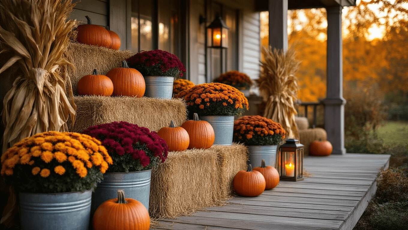 Cinematic golden hour view of a rustic farmhouse porch adorned with pumpkins, chrysanthemums, and hay bales, illuminated by soft string lights and ambient lantern glow, showcasing a warm autumn palette.