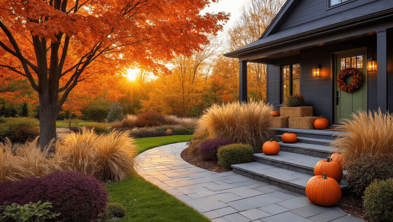 Cinematic autumn front yard landscape featuring vibrant maple trees, ornamental grasses, pumpkins, and a modern home at golden hour.