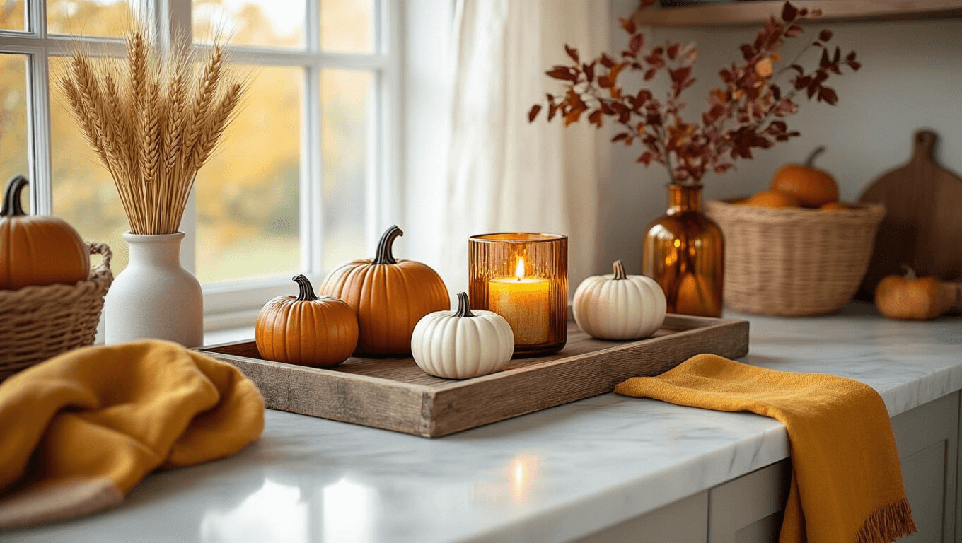 Cinematic wide-angle shot of an autumn-themed kitchen counter featuring white marble surfaces, a rustic wooden tray with ceramic pumpkins, copper candle holders, and wicker basket of wheat, all illuminated by soft morning light.