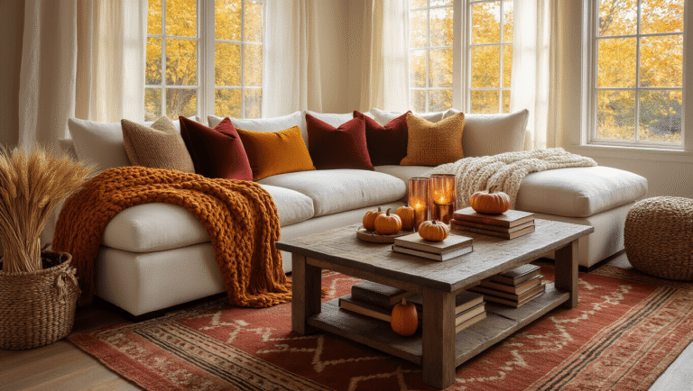A warm and inviting autumn living room featuring a cream sectional sofa with chunky knit throws and velvet pillows, a rustic coffee table adorned with candles, mini pumpkins, and books, all bathed in golden hour light filtering through sheer curtains, with a fireplace mantel decorated for the season.
