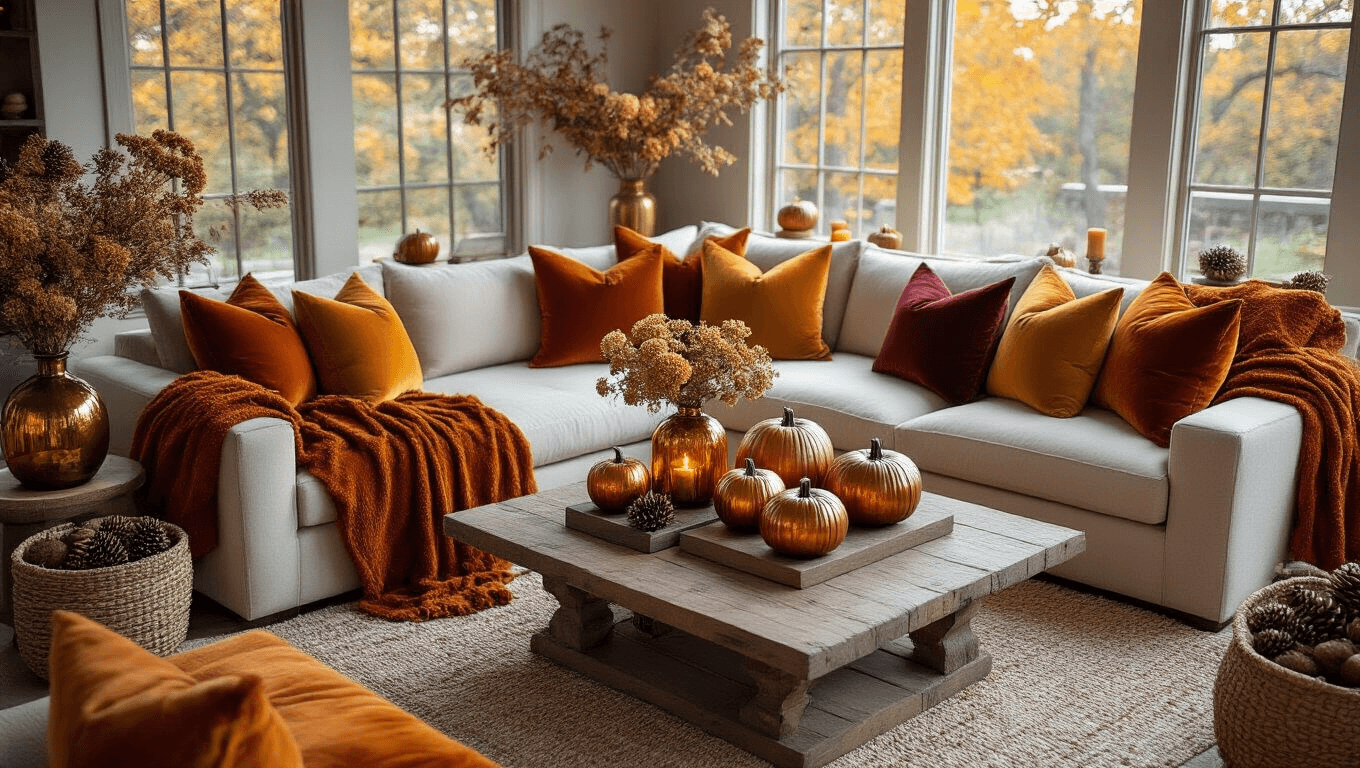 Cinematic overhead view of a cozy autumn living room with a coffee table styled with burnt orange velvet throws, ceramic pumpkins, dried hydrangeas, and warm candlelight, creating an inviting atmosphere.