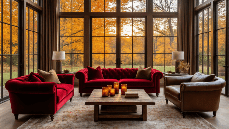 Embracing the Magic of Fall Woods: A Sensory Journey Through Autumn's Landscape Cinematic wide-angle view of an autumn-themed living room with crimson velvet sofas and bronze leather armchairs, featuring a rustic oak coffee table, amber candles, and golden hour sunlight illuminating vibrant fall foliage outside large windows, creating a warm, inviting atmosphere with rich textures and earth tones.
