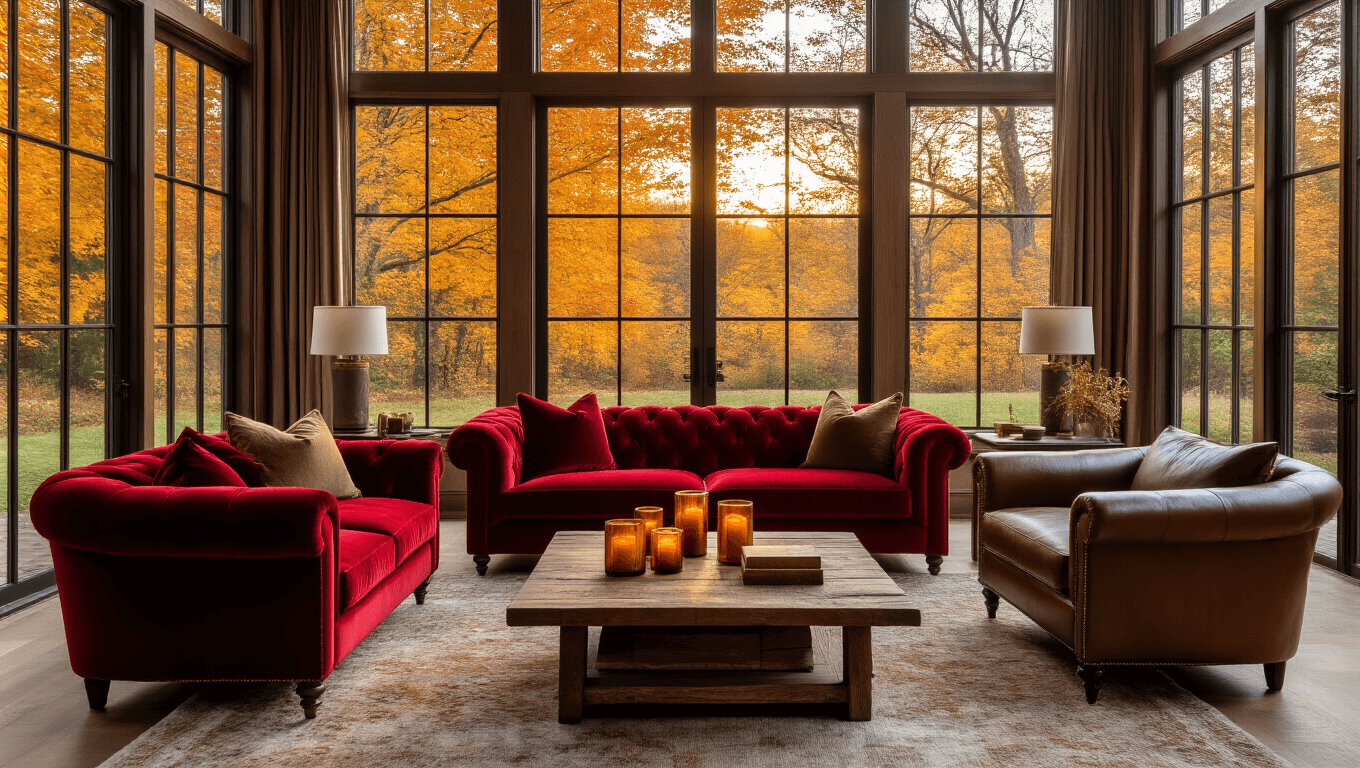 Cinematic wide-angle view of an autumn-themed living room with crimson velvet sofas and bronze leather armchairs, featuring a rustic oak coffee table, amber candles, and golden hour sunlight illuminating vibrant fall foliage outside large windows, creating a warm, inviting atmosphere with rich textures and earth tones.