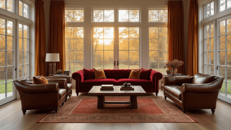 Embracing the Magic of Fall Woods: A Sensory Journey Through Autumn's Landscape Luxurious autumn-inspired living room with crimson velvet sofas, bronze leather armchairs, rustic oak coffee table, amber maple floors, ochre Persian rugs, and golden hour sunlight streaming through large windows, creating a warm and inviting atmosphere.
