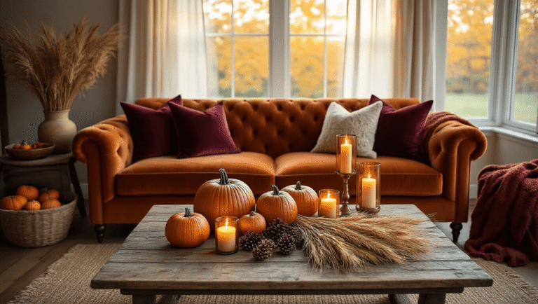 Cinematic overhead shot of a cozy autumn living room with a burnt orange velvet sofa, rustic wood coffee table decorated with amber pumpkins and dried wheat, warm candlelight casting flickering shadows, and rich autumn colors.