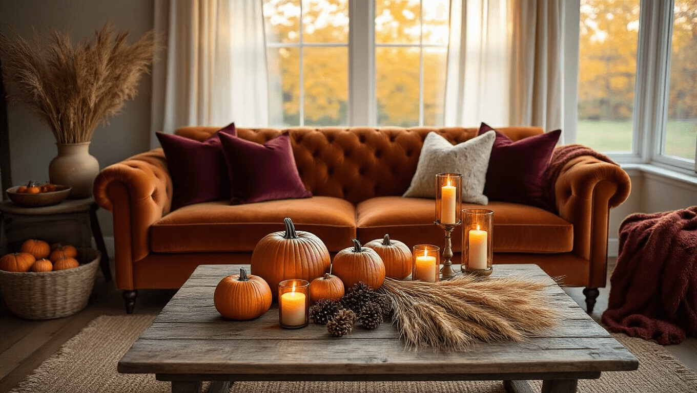 Cinematic overhead shot of a cozy autumn living room with a burnt orange velvet sofa, rustic wood coffee table decorated with amber pumpkins and dried wheat, warm candlelight casting flickering shadows, and rich autumn colors.