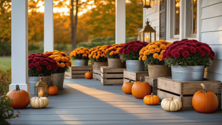 Cinematic wide-angle shot of a rustic autumn porch decorated with vibrant chrysanthemums, pumpkins, and lanterns, illuminated by warm golden hour sunlight.