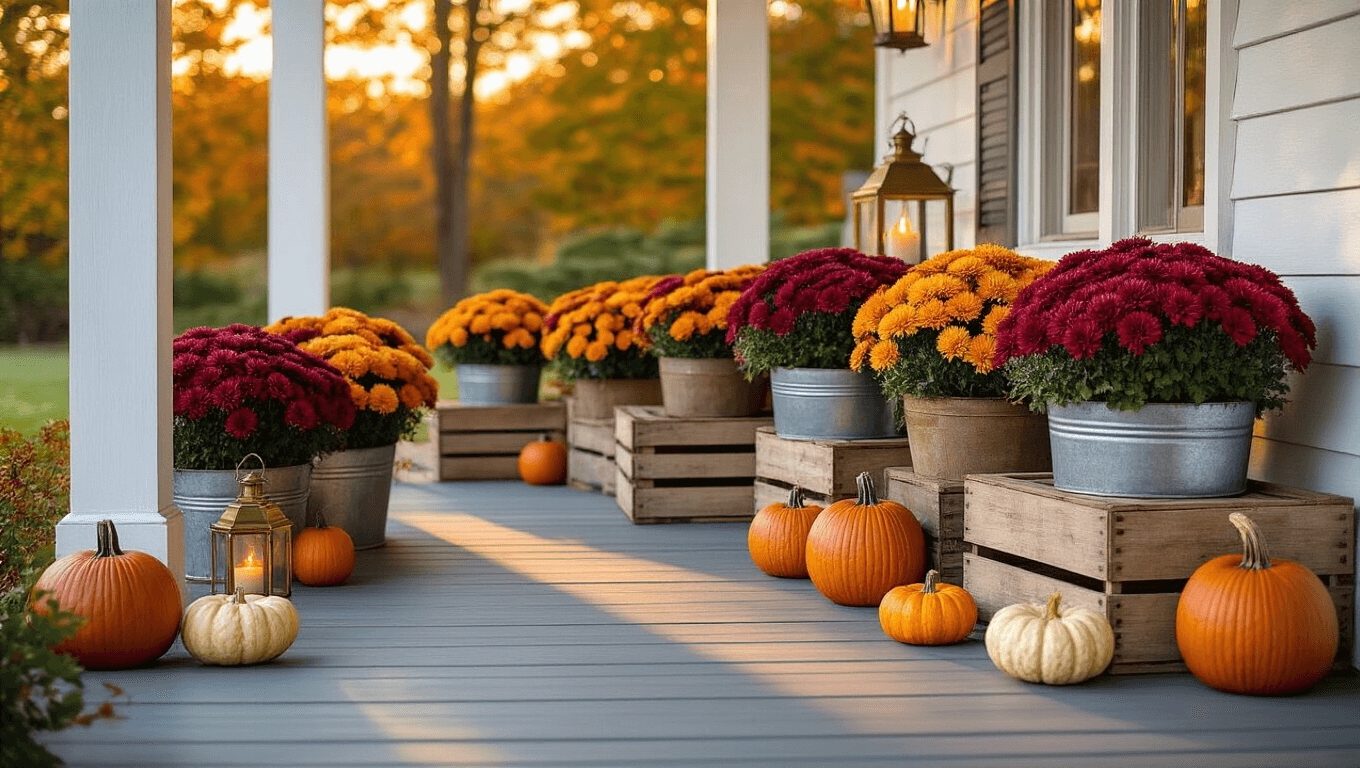 Cinematic wide-angle shot of a rustic autumn porch decorated with vibrant chrysanthemums, pumpkins, and lanterns, illuminated by warm golden hour sunlight.