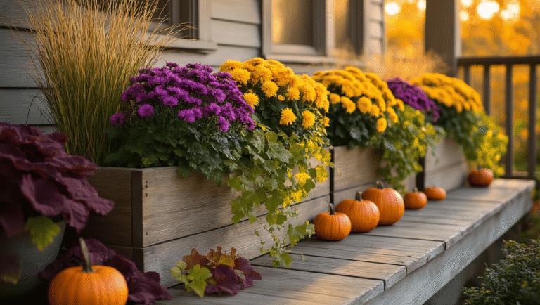 Cinematic golden hour image of rustic wooden planter boxes on a weathered porch, featuring vibrant purple fountain grass, yellow chrysanthemums, and cascading sweet potato vines, with decorative pumpkins and an inviting farmhouse aesthetic.