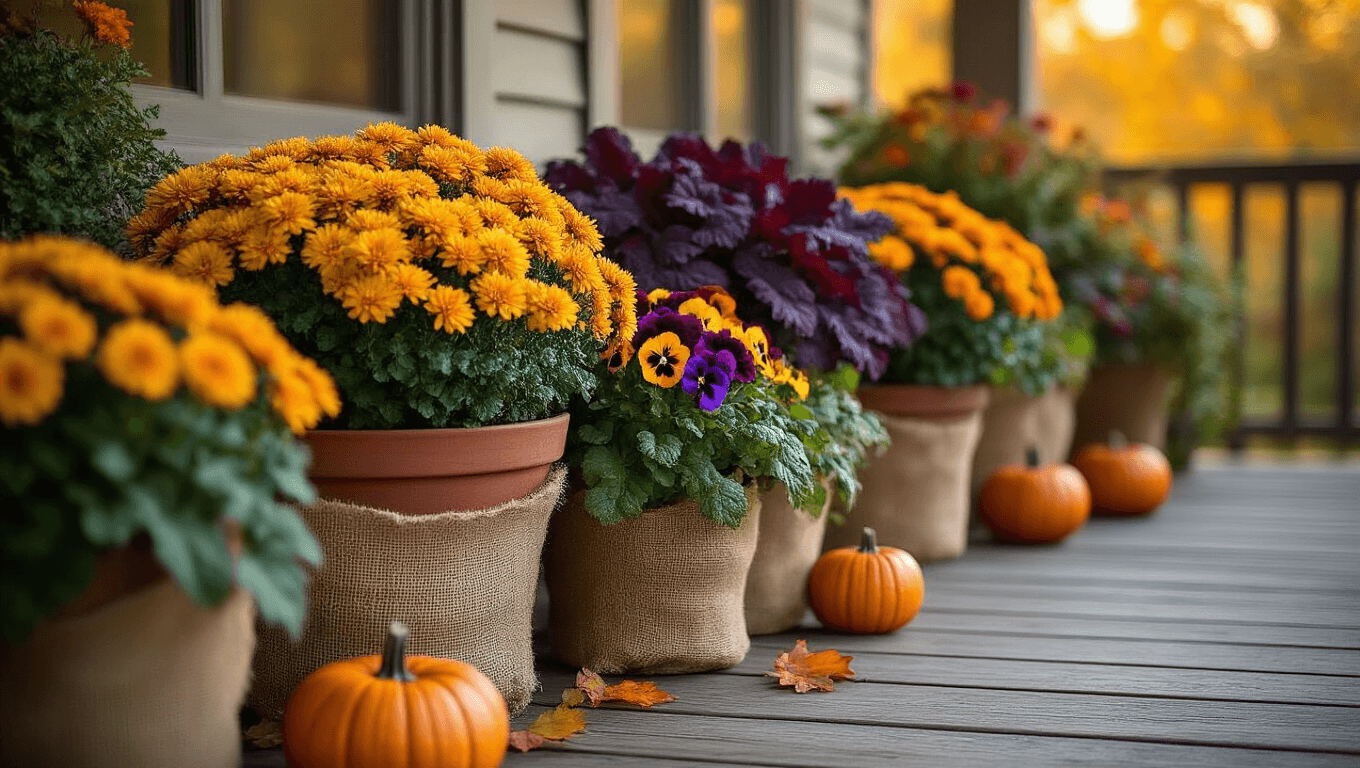 A cozy autumn porch adorned with vibrant fall container plants, including golden mums, deep purple ornamental kale, and colorful pansies in rustic planters, illuminated by warm golden hour light.