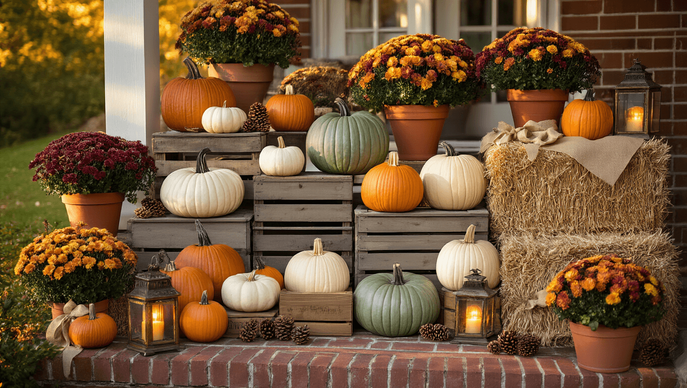 Cinematic wide-angle view of a sunlit front porch decorated with an autumn pumpkin display in neutral tones, featuring layered heirloom pumpkins on rustic crates, terracotta pots of mums, and warm lighting for a cozy atmosphere.