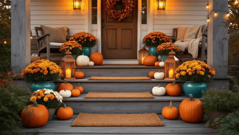 A cozy autumn porch featuring weathered wooden steps decorated with clustered pumpkins, warm lanterns, vibrant mums in teal pottery, and a seasonal wreath, all illuminated by golden hour light and string lights.