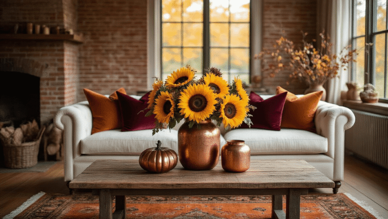 Flower Fall: Your Ultimate Guide to Autumn Floral Magic Cinematic autumn living room with oversized sunflower arrangements in weathered copper vessels on a reclaimed wood coffee table, illuminated by warm golden afternoon light, featuring a cream linen sofa with burgundy velvet pillows, exposed brick wall, rich hardwood floors, and a vintage Persian rug in warm tones, creating a cozy fall decor aesthetic.