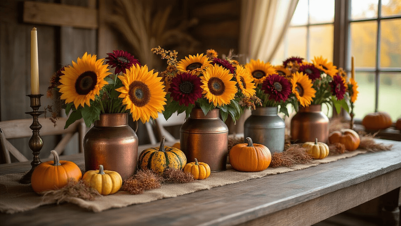 Cinematic wide-angle view of a rustic farmhouse table decorated with mixed fall sunflowers in aged vessels, pumpkins, and ornamental gourds, bathed in warm amber lighting with soft shadows from exposed wood beams, creating a cozy autumn atmosphere.