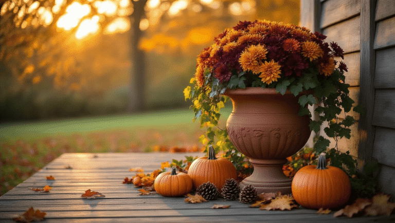 Wide-angle shot of a rustic wooden porch at golden hour, showcasing a terracotta urn filled with burgundy ornamental kale and burnt orange chrysanthemums, surrounded by mini pumpkins and pinecones, with warm sunlight filtering through tree branches, creating a cozy autumn atmosphere.
