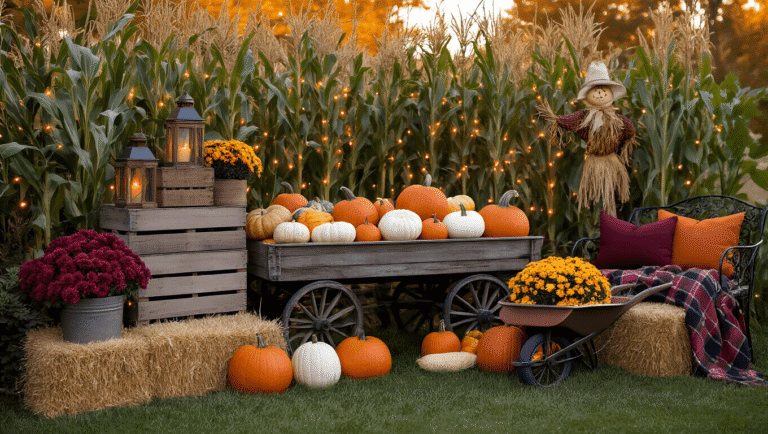 Cinematic wide-angle shot of a vibrant autumn outdoor display featuring a vintage wooden wagon filled with pumpkins in various colors, surrounded by cornstalks, rustic crates, a wheelbarrow of chrysanthemums, hay bales, a scarecrow, and warm lighting, capturing the essence of fall during golden hour.