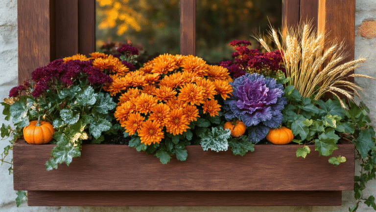 Close-up of a rustic wooden window box filled with orange chrysanthemums, purple ornamental kale, and red celosia, illuminated by golden hour sunlight, with trailing ivy and decorative pumpkins, evoking autumn warmth.