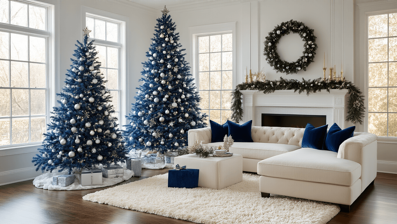 Cinematic golden hour scene of a cozy living room featuring a navy blue Christmas tree with silver ornaments, a cream sectional with deep blue velvet pillows, and a white fireplace mantel adorned with blue-silver garland, all illuminated by warm natural light.