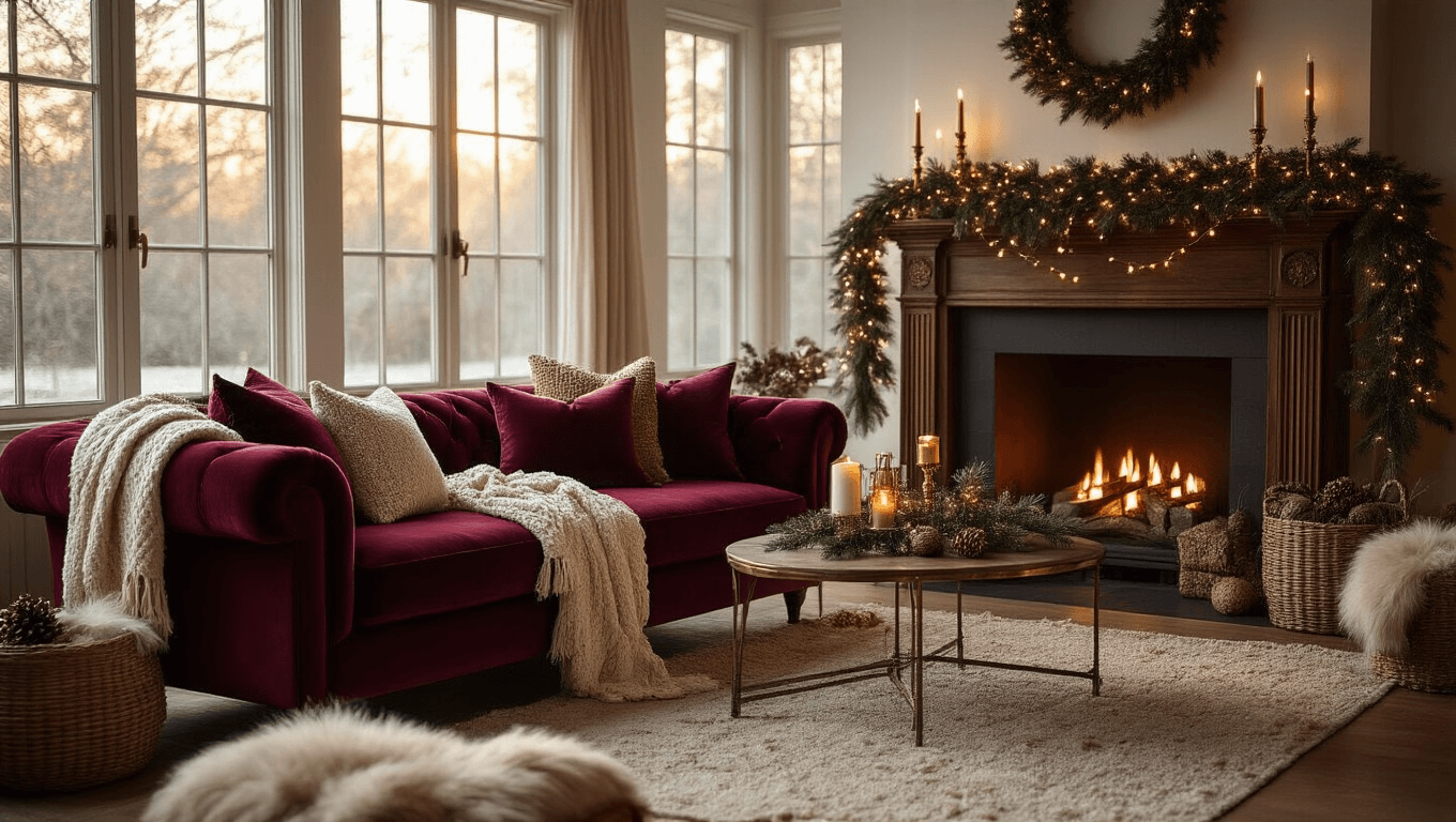 Elegant Christmas living room with warm golden hour light, burgundy velvet sofa, cream knit throws, brass accents, evergreen garland, and cozy textures.