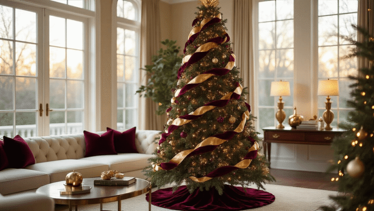 Transform Your Christmas Tree Into a Designer Masterpiece with Ribbon Elegant 8-foot Christmas tree adorned with burgundy velvet and metallic gold ribbons, warm golden hour light, luxurious living room with cream sectional sofa and mahogany coffee table, twinkling LED lights, intimate atmosphere, focus on ribbon details.