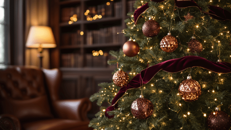 Modern Christmas Trees: Your Complete Guide to Chic Holiday Decorating in 2025 A close-up of a luxurious burgundy and navy Christmas tree adorned with velvet ribbons and copper geometric ornaments, illuminated by warm golden lights, set against dark walnut bookshelves and a cognac leather wingback chair, creating an intimate and cozy den atmosphere.